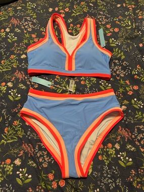 Blue High-Waist Two-Piece Swim Set with Coral Trim